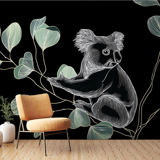 Une pièce moderne avec un papier peint représentant un koala stylisé sur fond noir, entouré de feuilles délicates aux teintes vertes, créant une ambiance ludique et contemporaine.