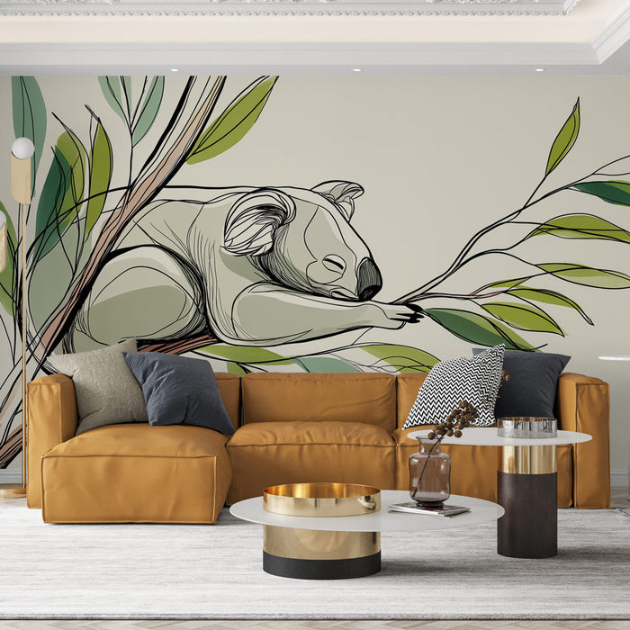 Un salon moderne avec un papier peint illustratif représentant un koala sur une branche, entouré de feuillages stylisés dans des teintes douces et apaisantes.