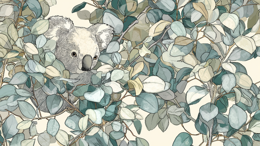 Papier peint koala Illustration délicate d'un koala caché parmi des feuilles pastel