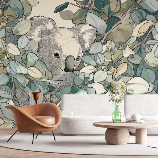 Une pièce moderne avec un papier peint illustrant un koala entouré de feuilles stylisées aux teintes douces, créant une ambiance naturelle et apaisante.