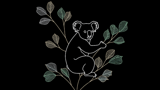 Papier peint koala Illustrations graphiques d'un koala sur fond noir avec des feuilles stylisées