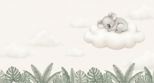 Papier peint koala sur nuage Un koala endormi sur un nuage doux accompagné de feuillages délicats