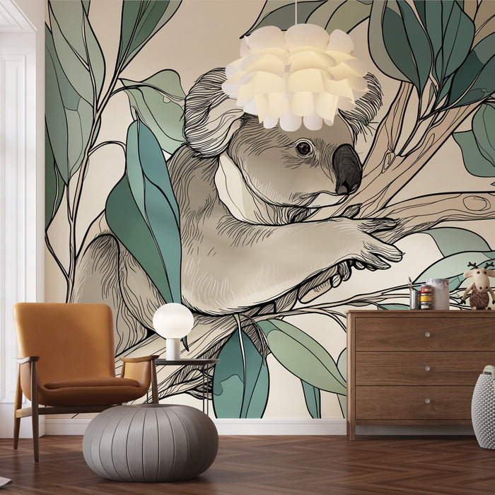Une pièce moderne avec un papier peint illustrant un koala entouré de feuillages stylisés aux teintes douces, créant une ambiance chaleureuse et naturelle.