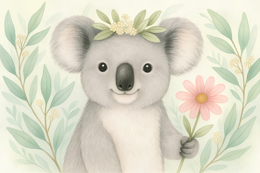 Papier peint koala Un koala mignon tenant une fleur parmi des feuillages doux