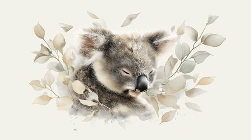 Papier peint koala Un koala rêveur au milieu de feuillages délicats