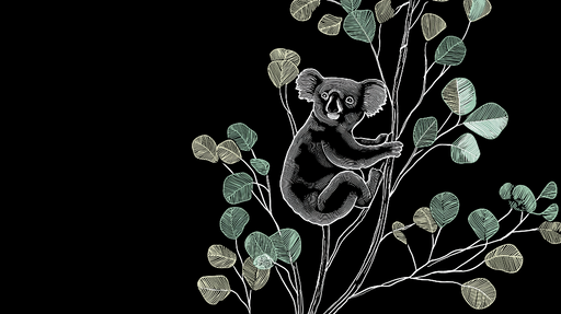 Papier peint koala Un koala stylisé perché sur une branche encerclée de feuillage délicat