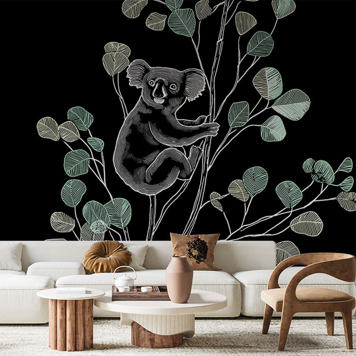 Un salon moderne avec un papier peint illustrant un koala stylisé sur fond noir, entouré de feuillages délicats dans des teintes vertes, créant une ambiance ludique et artistique.