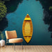 Une pièce moderne avec un papier peint représentant un bateau jaune sur une eau turquoise, créant une atmosphère apaisante et rafraîchissante.