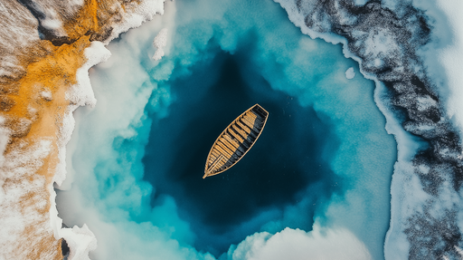 Papier peint lac et bateau Paysage aquatique moderne avec un bateau sur un lac turquoise
