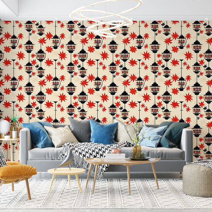 Un salon moderne avec un papier peint aux motifs de lanternes noires et de feuilles rouges sur fond crème, créant une ambiance chaleureuse et accueillante.