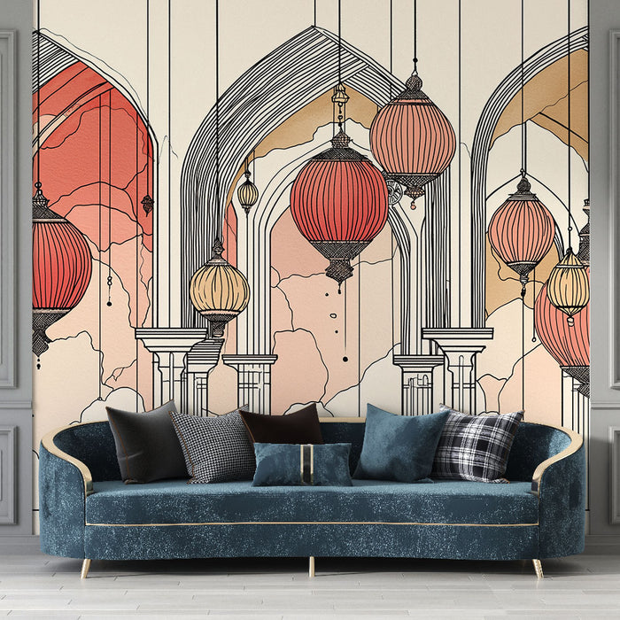 Une pièce élégante avec un papier peint représentant des arches stylisées et des lanternes colorées dans des teintes chaudes, créant une ambiance chaleureuse et accueillante.
