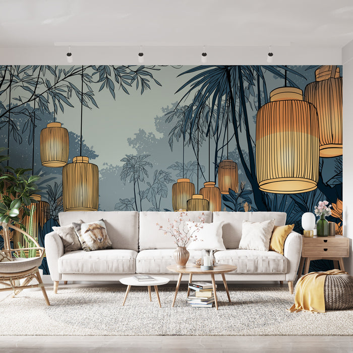 Un salon lumineux avec un papier peint tropical représentant des lanternes suspendues au milieu de feuillages luxuriants, créant une ambiance chaleureuse et apaisante.