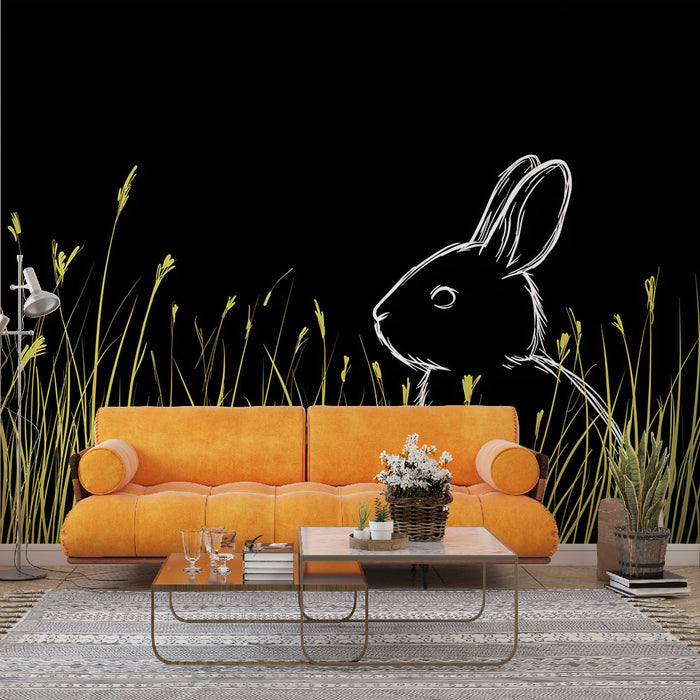 Une pièce moderne avec un papier peint noir illustrant un lapin stylisé en blanc entouré de longues herbes, créant une ambiance ludique et artistique.