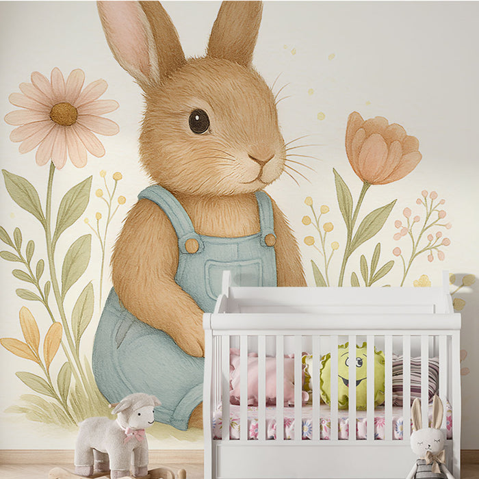 Une chambre d'enfant avec un papier peint illustrant un grand lapin doux en salopette bleue, entouré de fleurs pastel, créant une ambiance chaleureuse et ludique.