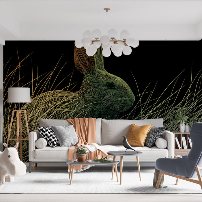Un salon contemporain avec un papier peint représentant un lapin stylisé en lignes dorées et vertes sur fond noir, créant une ambiance artistique et intrigante.