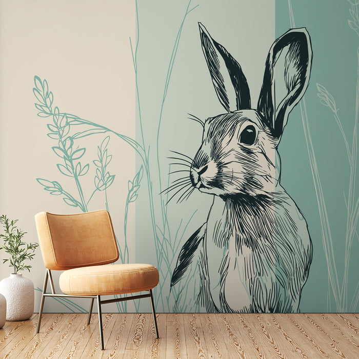 Une pièce moderne avec un papier peint illustrant un grand lapin en noir sur fond pastel vert et beige, créant une atmosphère douce et naturelle.