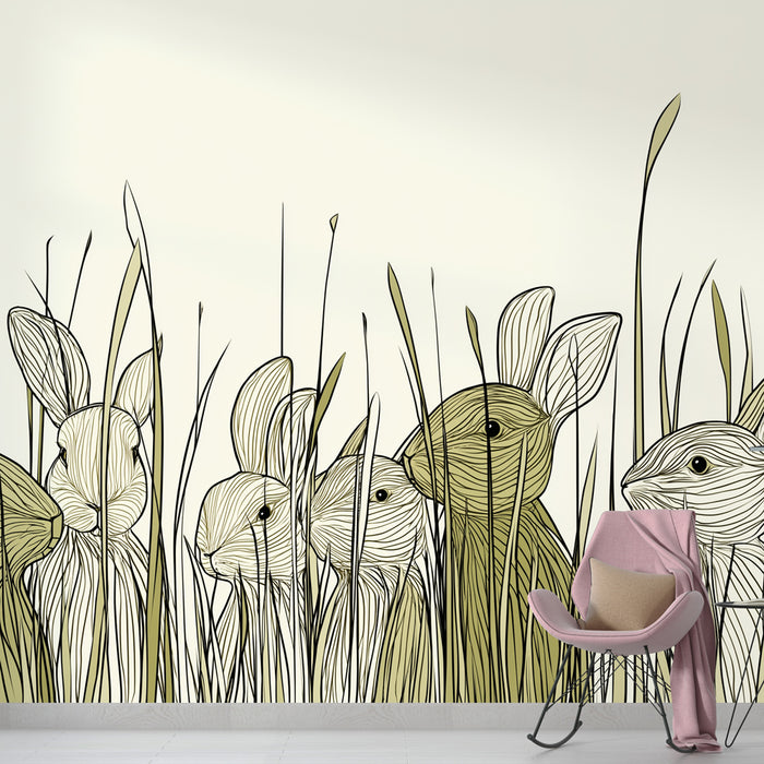 Une chambre accueillante avec un papier peint illustrant des lapins stylisés en noir et vert, entourés de longues herbes, créant une atmosphère douce et ludique.