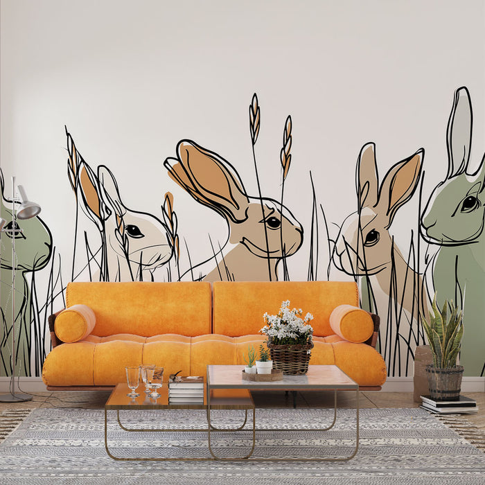 Un salon moderne avec un papier peint illustrant des lapins stylisés aux teintes douces, créant une atmosphère ludique et chaleureuse.