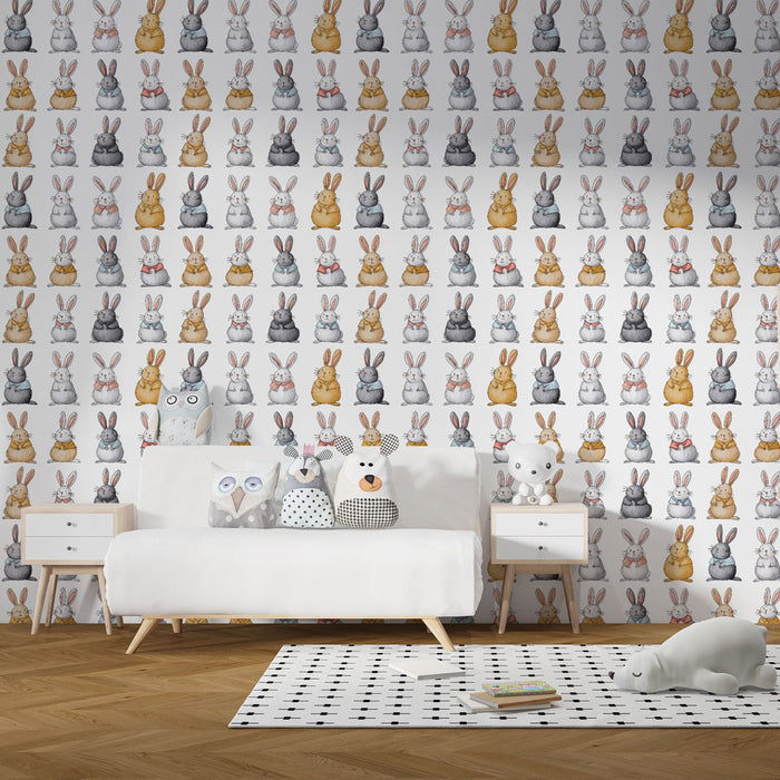 Une chambre enfantine avec un papier peint illustré de lapins colorés, créant une ambiance ludique et chaleureuse, idéale pour éveiller l'imagination.