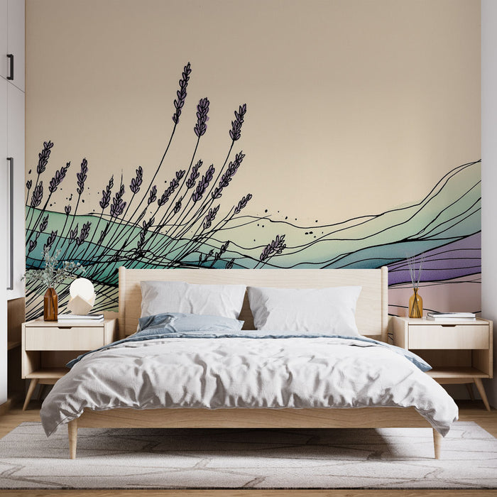 Une chambre lumineuse avec un papier peint illustrant des lavandes sur des vagues pastel, créant une ambiance douce et apaisante.