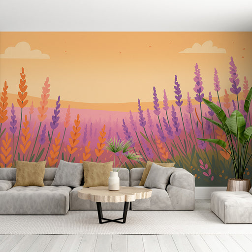 Un salon moderne avec un papier peint illustrant des champs de lavande aux teintes violettes et orangées, créant une atmosphère douce et apaisante.
