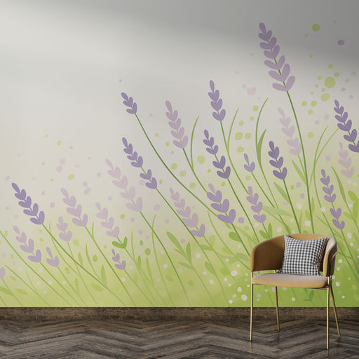 Une pièce moderne avec un papier peint floral représentant des brins de lavande lilas sur un fond dégradé vert clair, créant une atmosphère apaisante et naturelle.