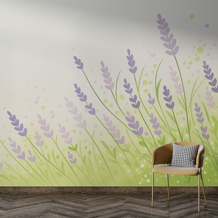 Une pièce moderne avec un papier peint floral représentant des brins de lavande lilas sur un fond dégradé vert clair, créant une atmosphère apaisante et naturelle.