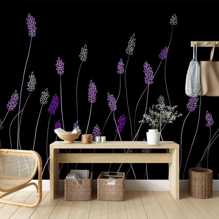 Une pièce moderne avec un papier peint noir orné de motifs de fleurs stylisées en violet et blanc, créant une ambiance élégante et contemporaine.