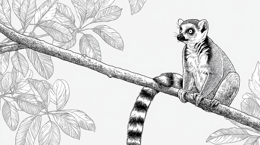 Papier peint lémurien Illustration délicate d'un lémurien sur une branche entourée de feuilles
