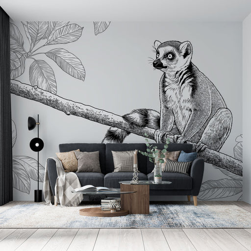 Un salon moderne avec un papier peint illustratif représentant un lémurien sur une branche, créant une ambiance artistique et naturelle.