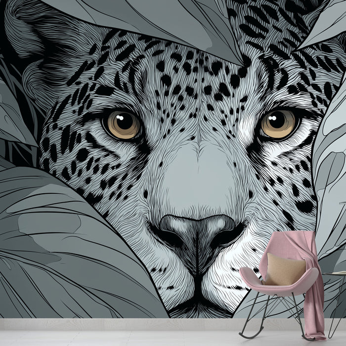 Une pièce moderne avec un papier peint représentant un léopard stylisé émergeant de feuillages, créant une ambiance audacieuse et captivante.