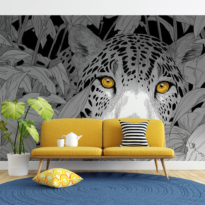 Un salon moderne avec un papier peint représentant un léopard stylisé aux yeux dorés, sur fond noir et motifs de feuillage, créant une ambiance audacieuse et captivante.
