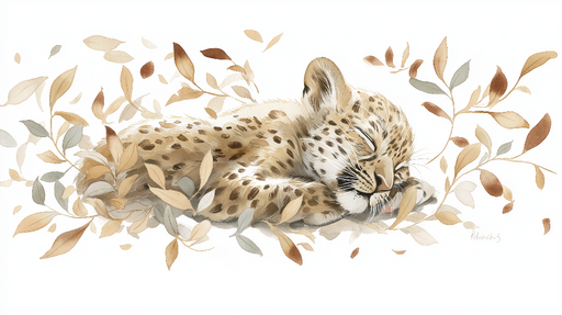 Papier peint léopard endormi Douce illustration d'un léopard paisiblement allongé parmi des feuilles