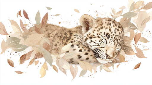 Papier peint léopard endormi Doux léopard entouré de feuilles pastel