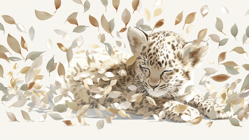 Papier peint léopard endormi Un adorable léopard parmi des feuilles délicates