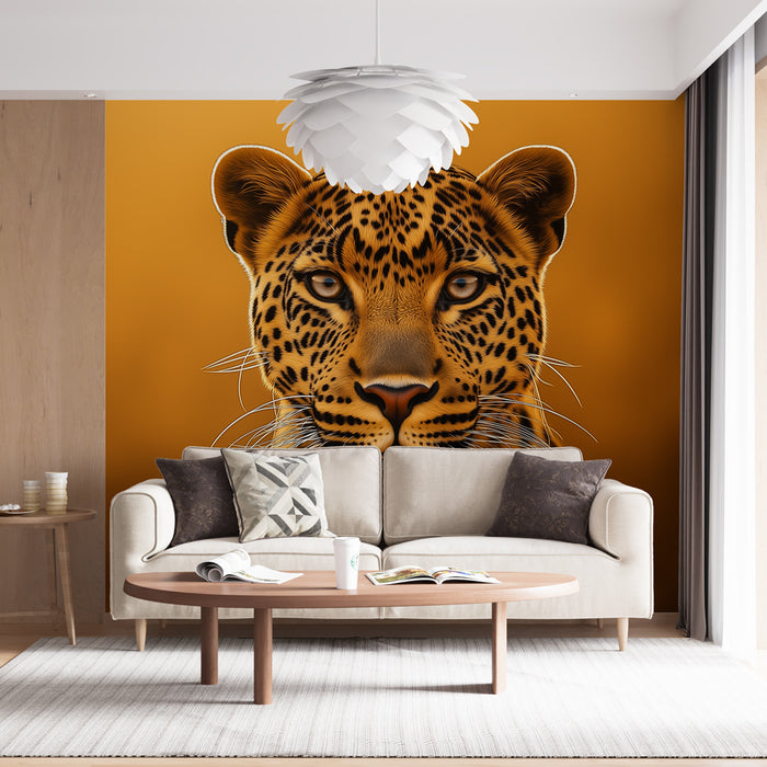 Papier peint léopard majestueux sur fond doré pour salon moderne et élégant
