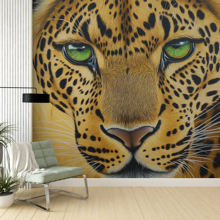 Papier peint léopard gros plan avec yeux verts éclatants pour décoration murale moderne.
