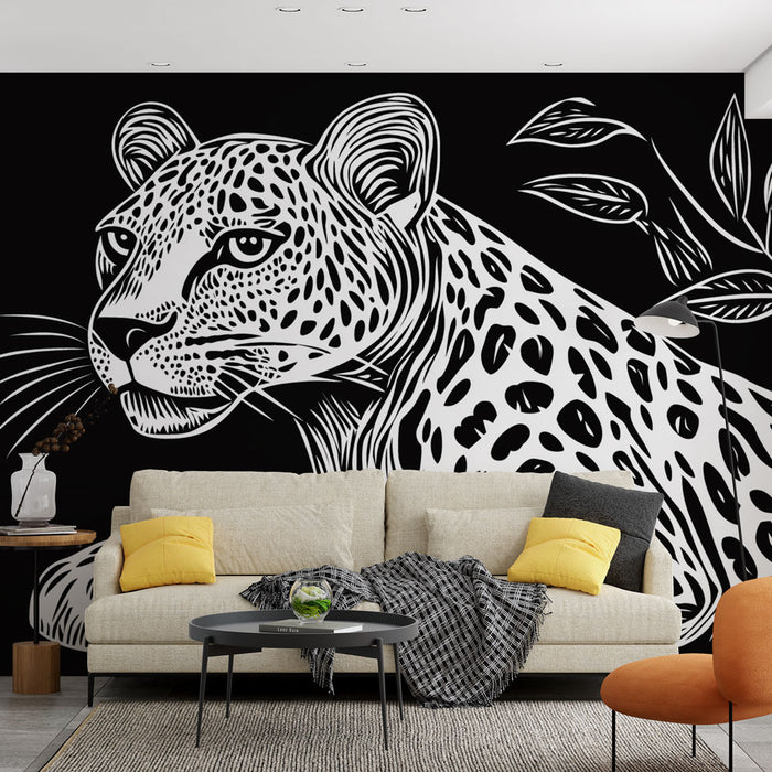 Papier peint artistique léopard noir et blanc pour salon moderne