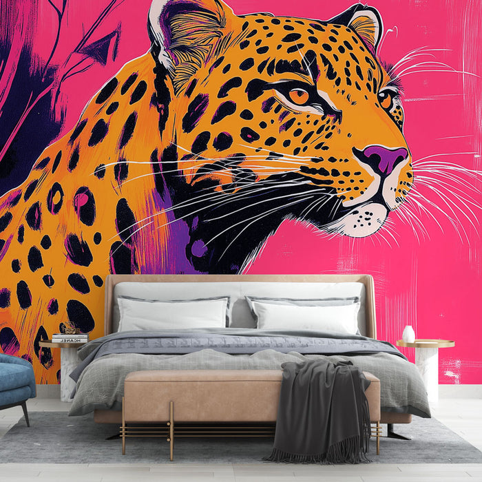 Papier peint léopard vibrant sur fond rose pour décoration murale artistique de chambre moderne.