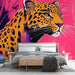 Papier peint léopard vibrant sur fond rose pour décoration murale artistique de chambre moderne.
