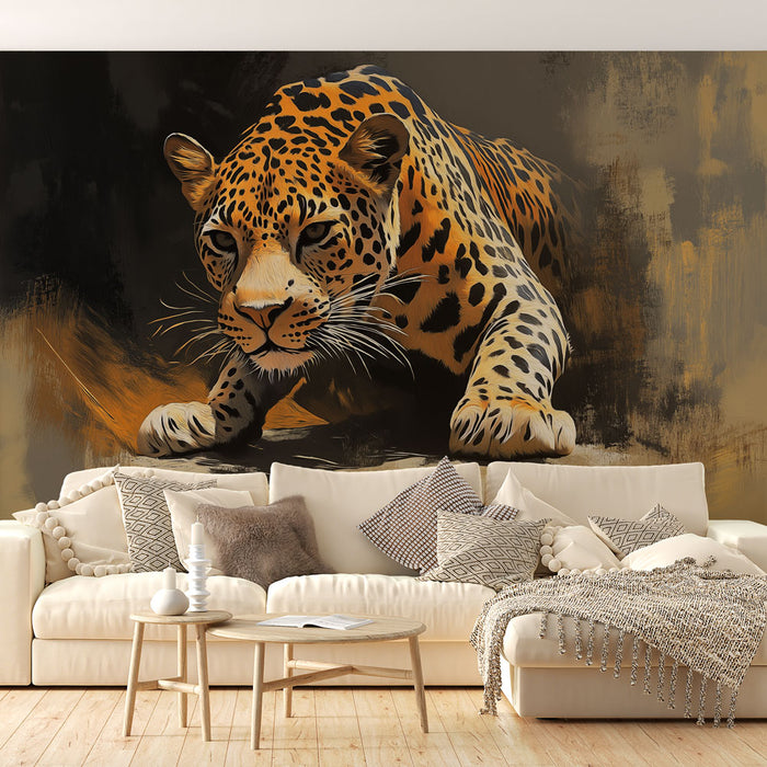 Papier peint léopard avec illustration d'un léopard majestueux dans des teintes chaudes pour salon moderne.