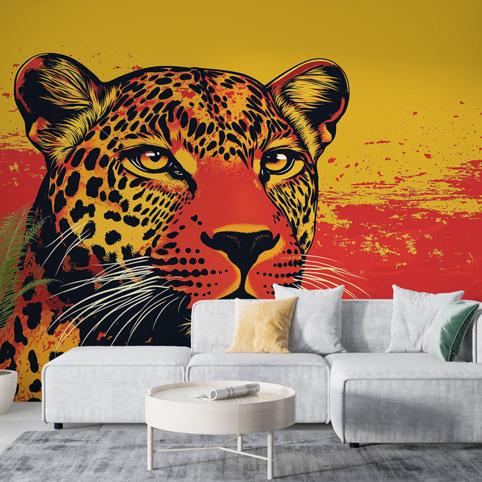 Papier peint léopard vibrant avec illustration de léopard sur fond coloré pour salon moderne.