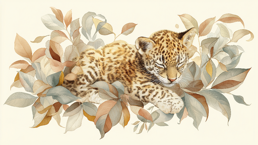 Papier peint léopard Léopard endormi entouré de feuilles pastel