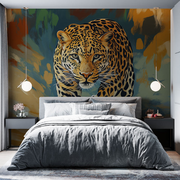 Papier peint léopard majestueux avec couleurs vibrantes pour chambre moderne