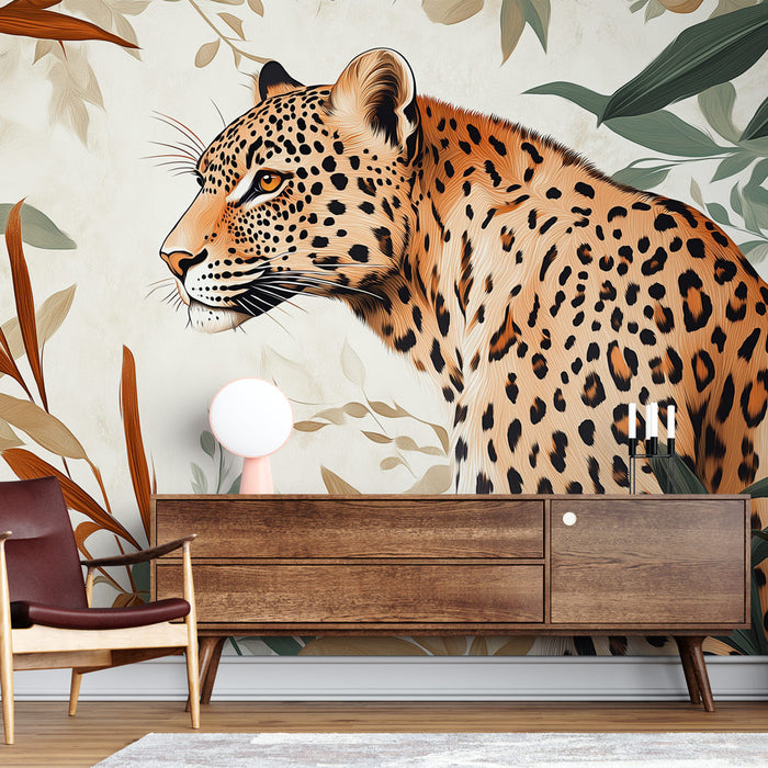 Papier peint léopard majestueux avec feuillages délicats pour salon élégant