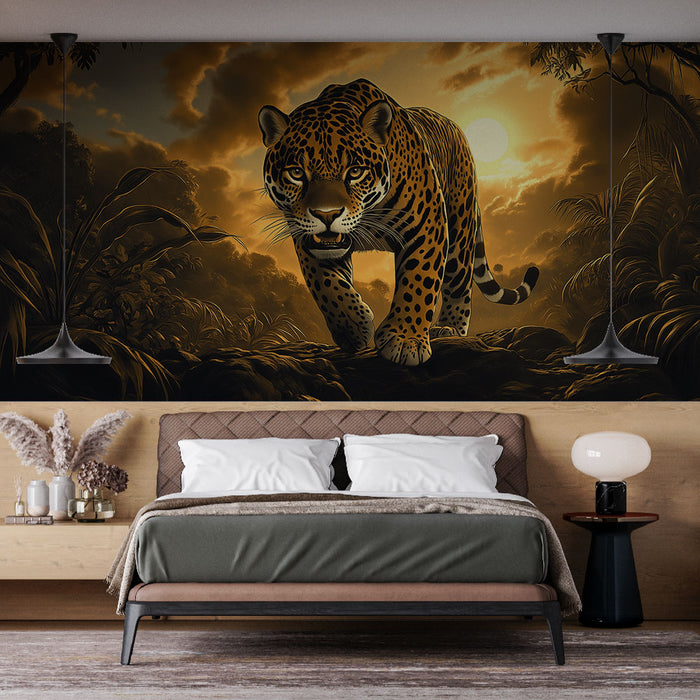 Papier peint léopard majestueux sous un coucher de soleil doré pour chambre moderne