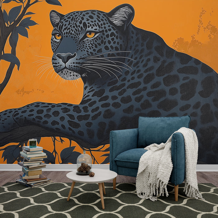 Papier peint léopard noir majestueux sur fond orange vibrant pour salon moderne