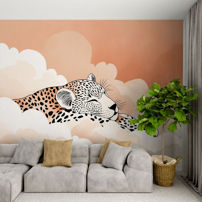 Une pièce moderne avec un papier peint représentant un léopard endormi sur des nuages pastel, créant une atmosphère douce et apaisante.