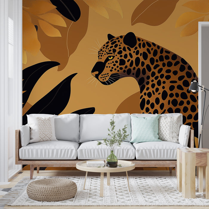 Un salon moderne avec un papier peint représentant un léopard stylisé sur fond ocre, créant une ambiance exotique et chaleureuse.
