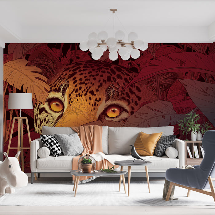 Un salon moderne avec un papier peint représentant un léopard aux yeux perçants, entouré de feuillages luxuriants dans des teintes chaudes et profondes.